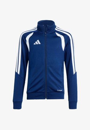 Chaqueta deportiva Adidas azul marino con rayas blancas en las mangas, logo blanco en el pecho, cremallera completa frontal y marca Climacool cerca del dobladillo.