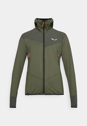 Männerjacke in Grün mit strukturierten oberen Paneelen, schwarzen Reißverschlüssen und orangefarbenen Akzenten. Sie verfügt über einen hohen Kragen und lange Ärmel für zusätzlichen Komfort.