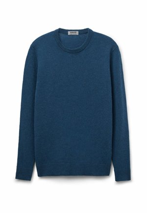 Blauwe gebreide trui met een ronde hals, lange mouwen en geribbelde manchetten en onderkant. Zachte textuur en een uniform patroon door het geheel.