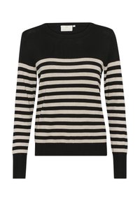 Pull noir et beige à manches longues avec rayures horizontales et poignets ainsi qu'ourlet côtelés, avec un col rond.