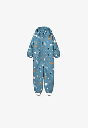 Light blue jumpsuit with elastic cuffs and hood, featuring a playful pattern of polar bears, penguins, and icebergs in orange and white accents.