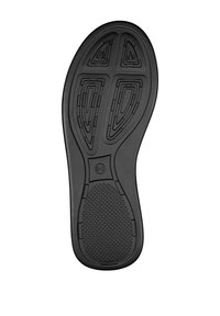 Czarna gumowa podeszwa buta z teksturowanym obcasem, geometrycznymi wzorami na bieżniku oraz oznaczeniem rozmiaru "240" na środku.