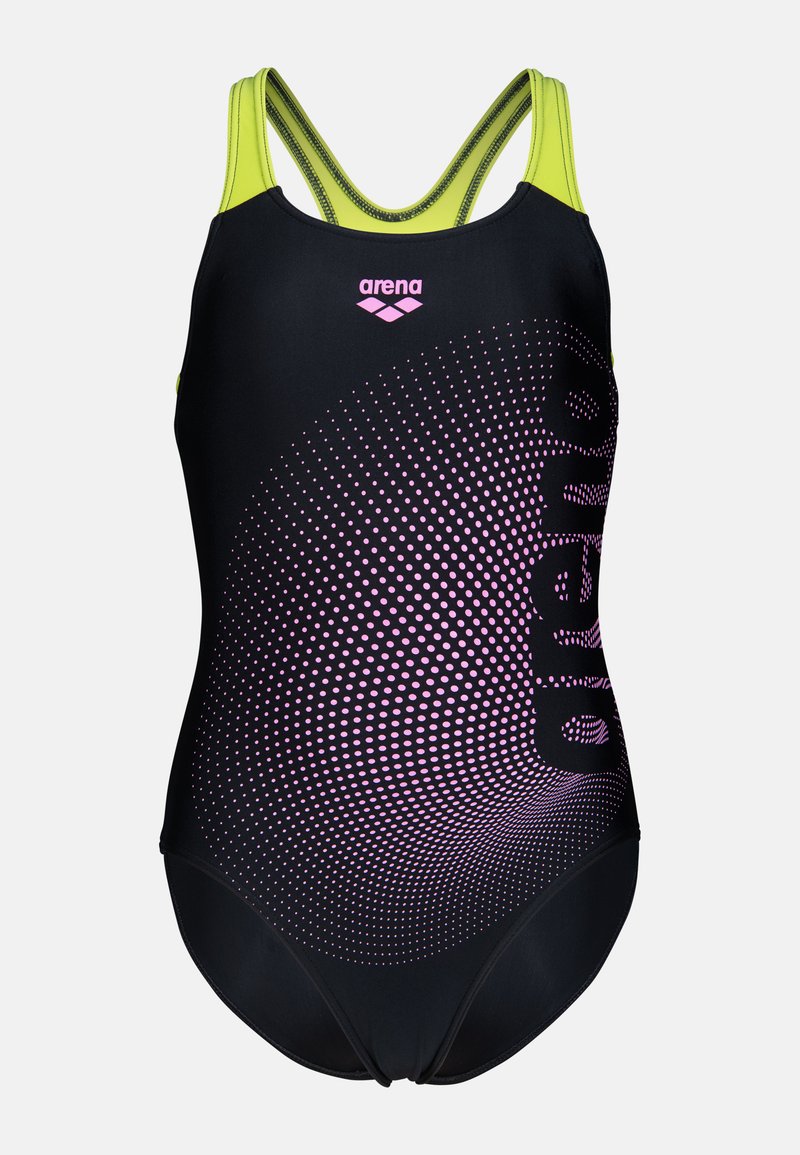 Mustassa uimapuvussa on avoin selkäosa, vihreät yksityiskohdat ja vaaleanpunainen pilkkukuosi. Edessä on 'arena'-logo vaaleanpunaisena. Pintamateriaali on sileää.