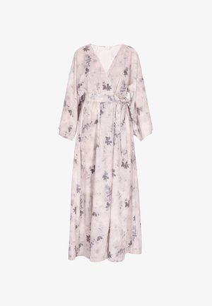 Lang, omslagskjole i blødt, letvægtsstof med en lys blush-farve og grå blomstermønster. Har en dyb V-udskæring og bæltestørrelse.
