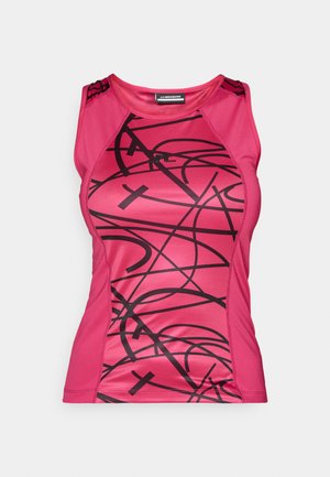 Sovitin vaaleanpunainen urheilu toppi, jossa on musta abstrakti kuvio, sileä pinta ja kontrastiväriset olkaimet.