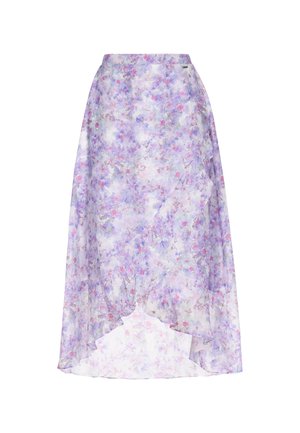 Bloemrijke maxi rok van doorschijnende stof, met een paarse en pastel kleurenpalet, vloeiende ontwerp en asymmetrische zoom met een zachte textuur.