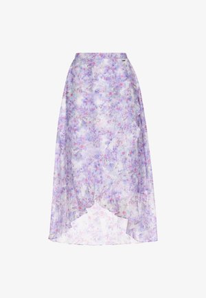 Jupe maxi fleurie en tissu transparent, arborant une palette de couleurs violette et pastel, un design fluide et un ourlet asymétrique avec une texture douce.