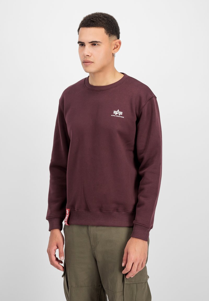 Ung mand med kort hår iført en vinrød Alpha Industries sweatshirt og olivengrønne cargobukser, stående mod en ensfarvet baggrund.
