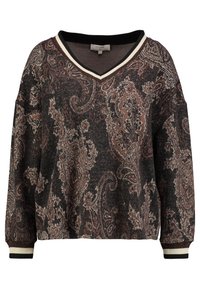 Pull-over noir avec motif paisley en marron et crème. Doté d'un col en V, de manches longues et de poignets côtelés contrastés. Texture douce.