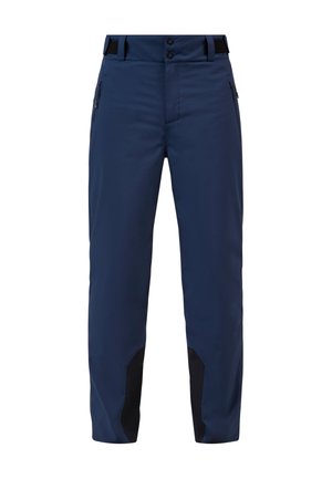 Marineblaue Hose aus einem strapazierfähigen Material, mit einer Reißverschlusstasche und kontrastierenden schwarzen Akzenten an den unteren Beinen, mit einem geraden Schnitt.