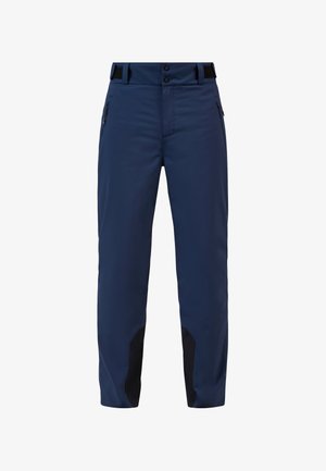 Marineblaue Hose aus einem strapazierfähigen Material, mit einer Reißverschlusstasche und kontrastierenden schwarzen Akzenten an den unteren Beinen, mit einem geraden Schnitt.