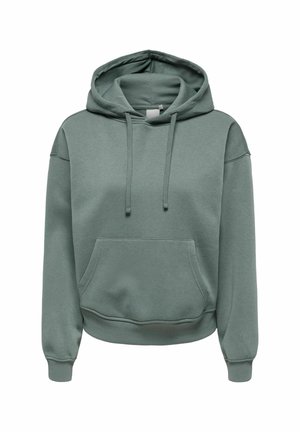 Hættetrøje i dæmpet grøn, lavet af blødt stof. Har en frontlomme i kangaroo-stil, ribkantede manchetter og bund. Løs pasform.