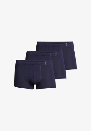 Drei Marineblaue Boxer Briefs aus glattem Material, mit kontrastierender grüner Stickerei und einem eng anliegenden Design.