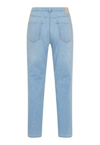 Light blue denim jeans with a straight cut, featuring two back pockets and a subtle texture. The waistband includes a brand tag.