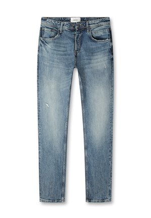 Lichtblauwe spijkerbroek met een slim fit, voorzien van subtiele whiskering, lichte slijtage, vijf zakken en een klassieke knoopsluiting.