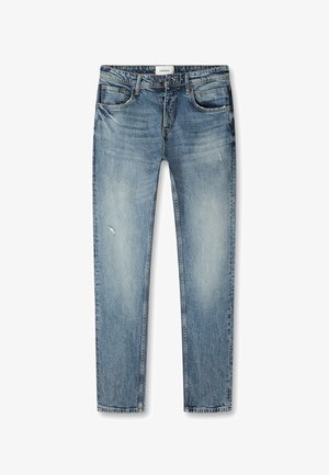 Lichtblauwe spijkerbroek met een slim fit, voorzien van subtiele whiskering, lichte slijtage, vijf zakken en een klassieke knoopsluiting.