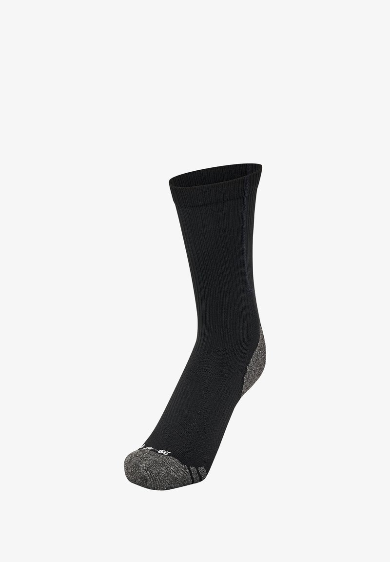 Zwarte sok met ribbelstructuur, versterkte grijze hak en teen, en een gevoerde voetrubber voor comfort. Midden-kuit lengte ontwerp.