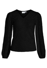 Svart långärmad blus med V-ringning, med texturerad tyg som har ett subtilt mönster och rynkade detaljer vid axlarna och ärmsluten.