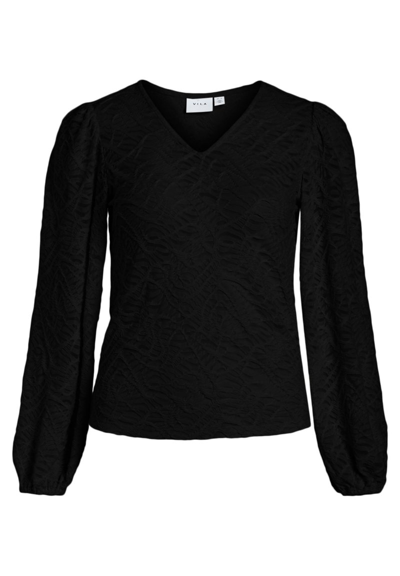 Svart långärmad blus med V-ringning, med texturerad tyg som har ett subtilt mönster och rynkade detaljer vid axlarna och ärmsluten.