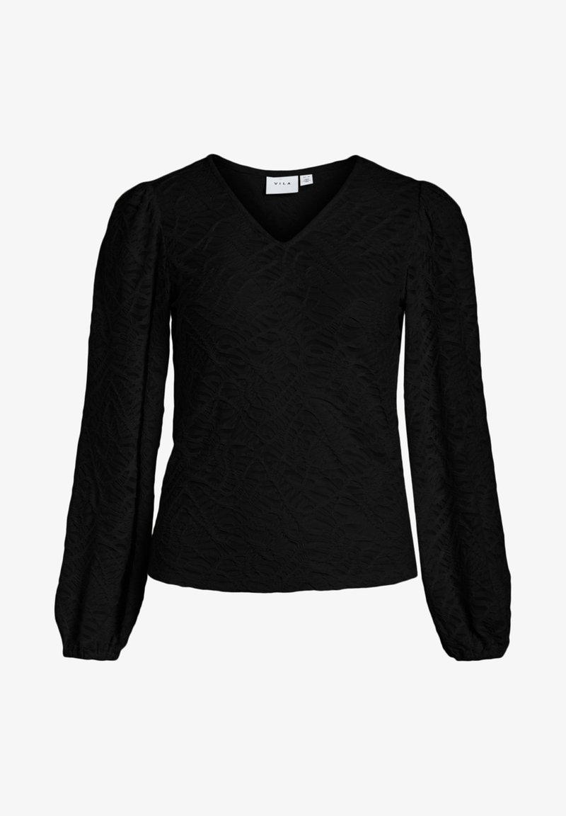 Svart långärmad blus med V-ringning, med texturerad tyg som har ett subtilt mönster och rynkade detaljer vid axlarna och ärmsluten.