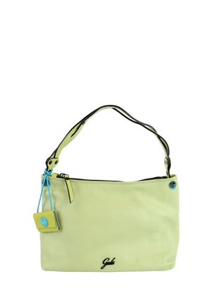 Borsa a tracolla in pelle verde chiaro con rifiniture nere, chiusura con cerniera, piccola tasca attaccata e logo del marchio sul davanti.