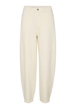Helle beigefarbene Baumwollhosen mit entspannter Passform, schmal zulaufenden Beinen, Fronttaschen und einem einzelnen Knopfverschluss an der Taille.