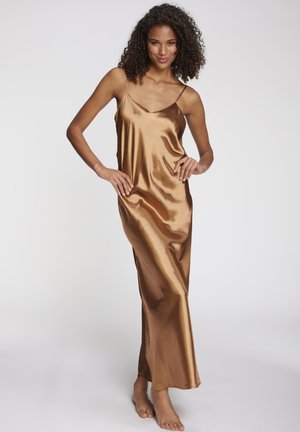 Satin, bronze slip dress with thin straps. Floor-length with a smooth texture and slight shine. Simple design and classic silhouette.