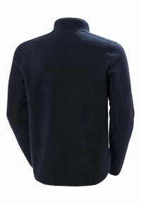 Navy fleece jacket with a high collar, textured surface, long sleeves, and a relaxed fit. No visible branding or distinctive accents.
