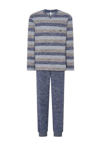 Conjunto de loungewear de manga larga a rayas en tonos azul, gris y marrón. La parte superior tiene un cuello en V y un bolsillo en el pecho; los pantalones tienen puños elásticos.