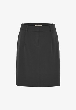 Melnas piegriezuma svārkas ar taisnu formu, ar jostu, viegliem priekšējiem krokām un gludu, teksturētu audumu.