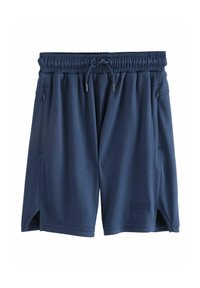 Pantaloni sportivi navy con cintura elasticizzata, cordoncino e tasche laterali con zip. Presentano un motivo a rete testurizzato.