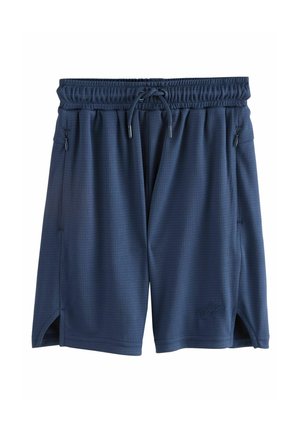 Marineblauwe sportshorts met een elastische tailleband, trekkoord en ritszakken aan de zijkant. Kenmerkt zich door een gestructureerd, ruitpatroon.