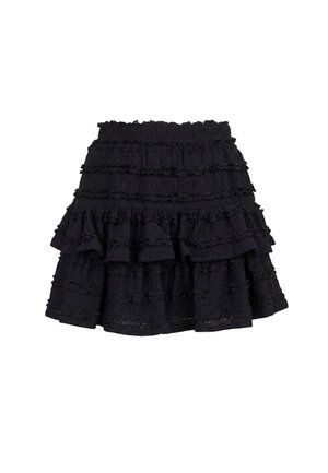 Minigonna nera a più strati con tessuto strutturato e vari strati arricciati, dotata di una fascia elastica in vita per una vestibilità aderente.
