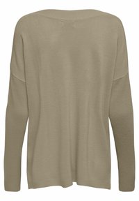 Beige Strickpullover mit lockerer Passform, weitem Ausschnitt und langen Ärmeln. Mit gerippten Bündchen und Saum, glatter Textur und minimalistischem Design.