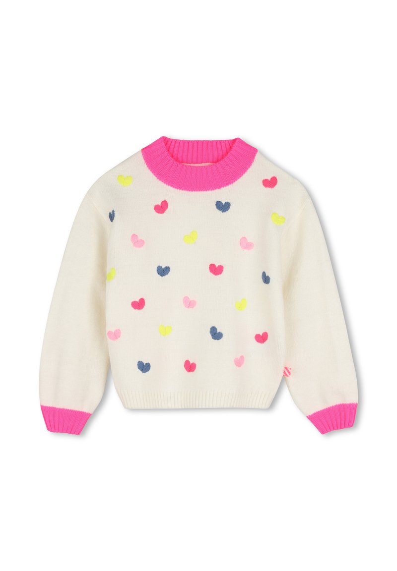 Pull couleur crème avec col et poignets roses, décoré de petits cœurs roses, jaunes et bleus dispersés sur le devant.