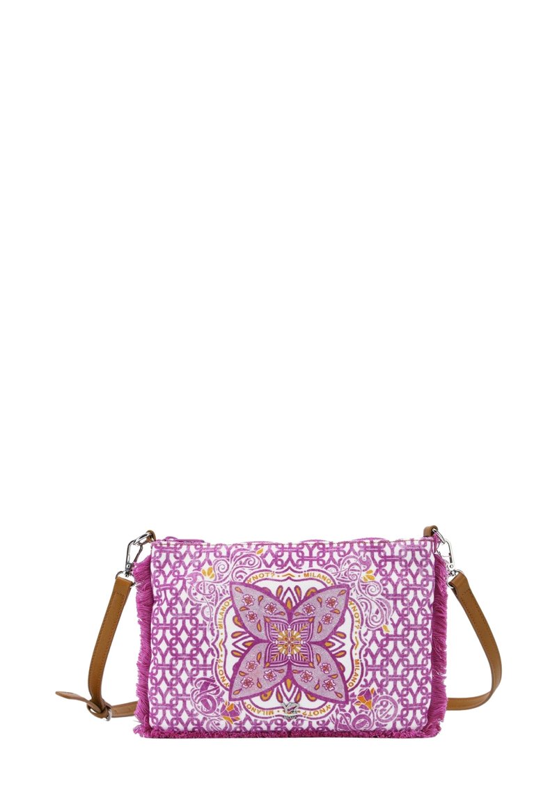 Borsa a tracolla con un esterno in tessuto rosa, intricate ricami floreali e una finitura testurizzata, dotata di tracolla in pelle marrone regolabile.