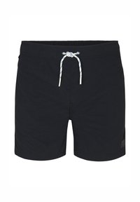 Pantaloni scurți de înot negri, fabricați dintr-un material ușor, dotati cu un șnur ajustabil cu dungi albastre și galbene, buzunare laterale și un ecuson cu logo.