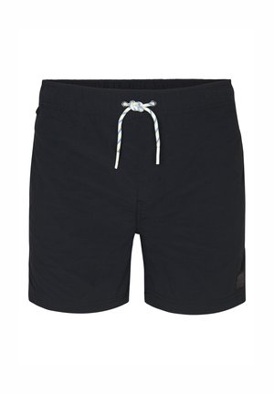 Costumi da bagno neri realizzati in tessuto leggero, dotati di cordoncino regolabile con strisce blu e gialle, tasche laterali e una patch con il logo.