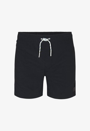 Costumi da bagno neri realizzati in tessuto leggero, dotati di cordoncino regolabile con strisce blu e gialle, tasche laterali e una patch con il logo.