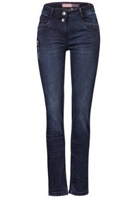 Dark blue denim jeans with a slim fit, two-button closure, front pockets, and a zippered side pocket. Features stitching details.