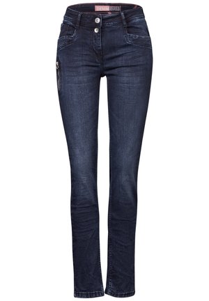 Dunkelblaue Denim-Jeans mit Slim-Fit, Zwei-Knopf-Verschluss, Fronttaschen und einer seitlichen Reißverschlusstasche. Mit Nähdetails.