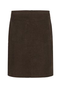 Jupe en velours côtelé brun avec une coupe droite, deux poches arrière et une surface texturée. Taille mi-haute avec un ourlet net.