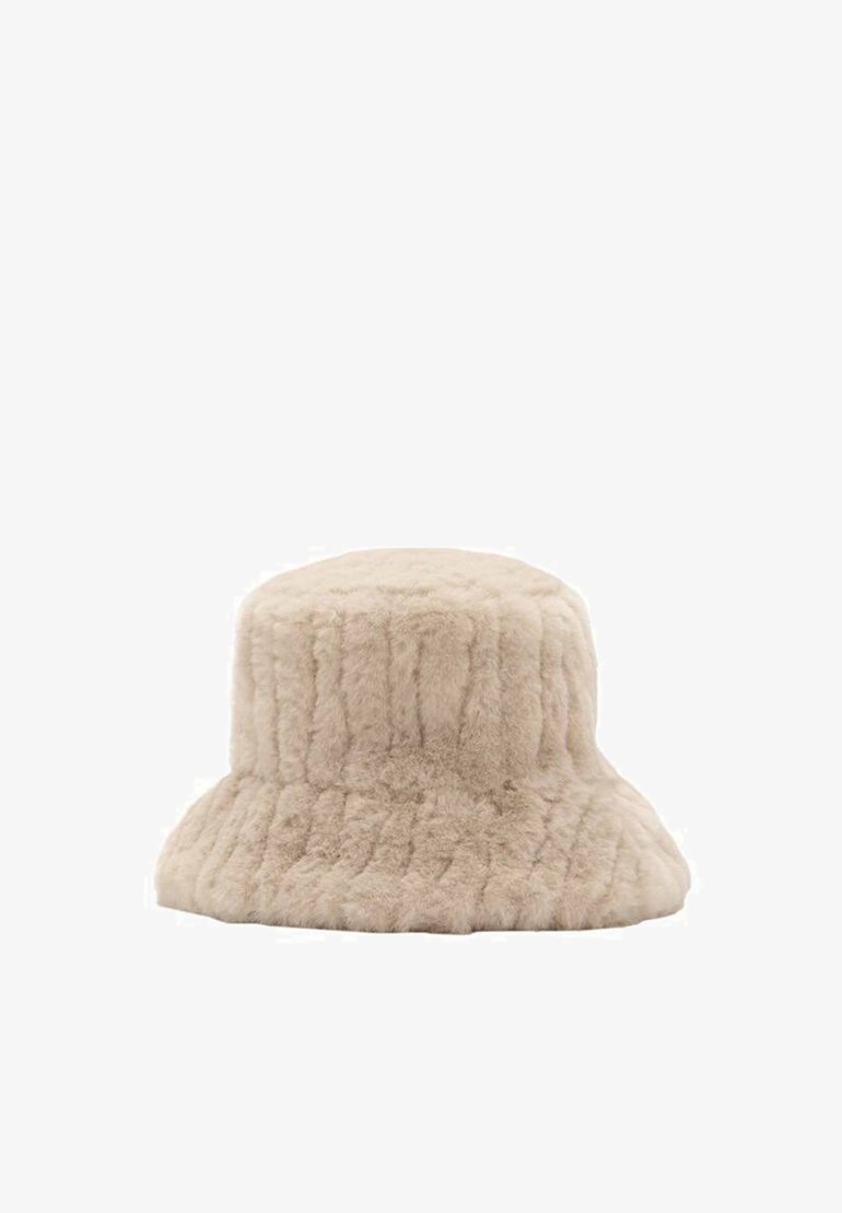 Beige faux fur bucket hat with soft texture and stitched vertical lines, designed for warmth and style.