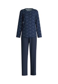 Set di pigiama blu navy con maglietta a maniche lunghe caratterizzata da un motivo circolare in colori più chiari e pantaloni abbinati in un colore solido. Tessuto morbido, vestibilità comoda.