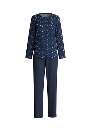 Set di pigiama blu navy con maglietta a maniche lunghe caratterizzata da un motivo circolare in colori più chiari e pantaloni abbinati in un colore solido. Tessuto morbido, vestibilità comoda.
