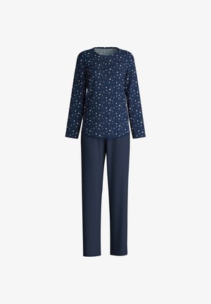 Set di pigiama blu navy con maglietta a maniche lunghe caratterizzata da un motivo circolare in colori più chiari e pantaloni abbinati in un colore solido. Tessuto morbido, vestibilità comoda.