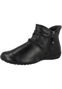 Schwarze Leder-Ankle-Boots mit einem eleganten Design, ausgestattet mit einem diagonalen Reißverschluss und einer flexiblen Sohle. Glatte Textur mit einer leicht geschwungenen Form.