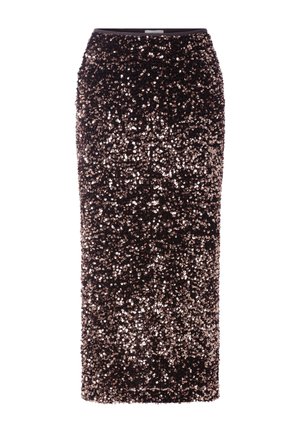 Brūna sequined zīmuļu svārku ar piegulošu siluetu, pārklāta ar spīdīgiem, atstarojuma pērlītēm, izceļot gludu auduma tekstūru.