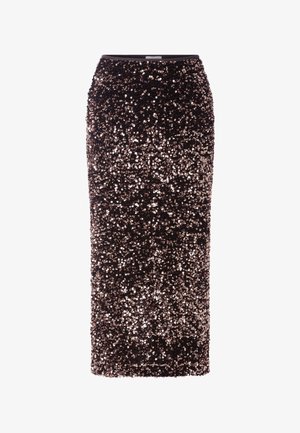 Brown sequined pencil skirt with a fitted silhouette, covered in shiny, reflective sequins, showcasing a smooth fabric texture.