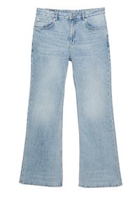 Svete modre kavbojke s širokimi hlačnicami, ki imajo pet žepov, zapiranje na gumb in detajle šivanja ob pasu ter robu.